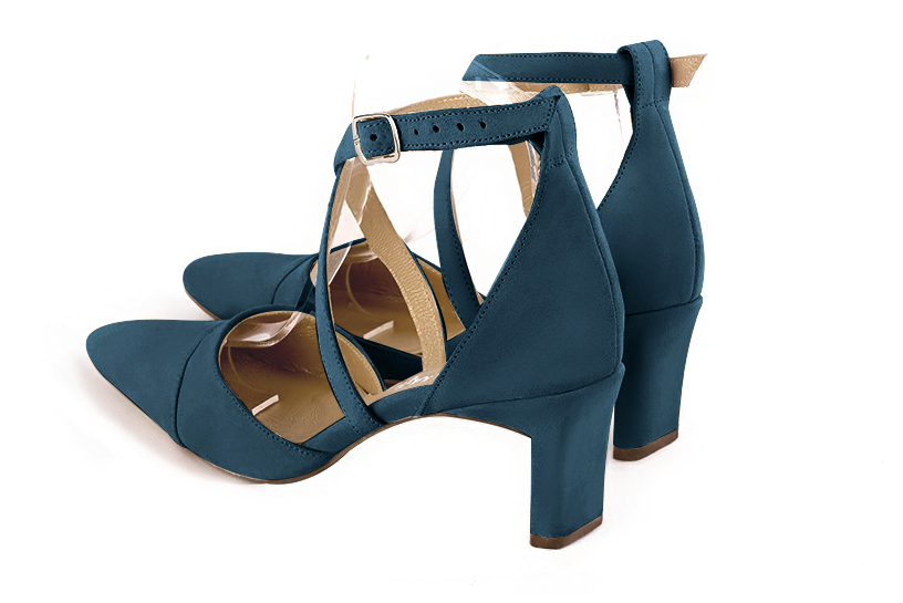 Peacock blue women's open side shoes, with crossed straps. Tapered toe. Medium comma heels. Rear view - Florence KOOIJMAN